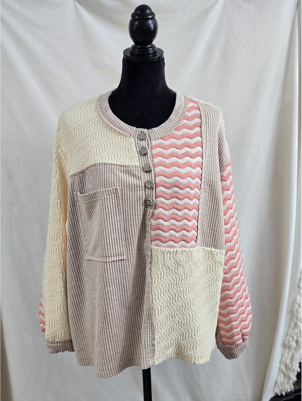 POL Women's Patchwork Knit Cardigan Sweater with Floral Buttons, Size M